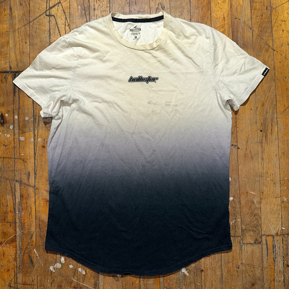 Hollister T Shirt‎ Men's Large Cream Black Short Sleeve Crew Neck Curved Hem Tee